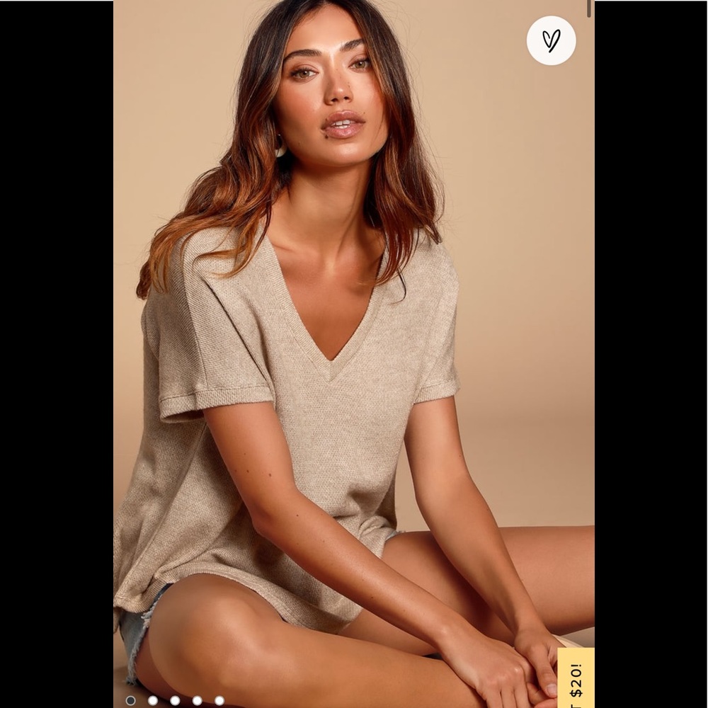True Story Beige V-Neck Short Sleeve Sweater Top